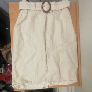 Ann Taylor Cream Stripe Linen Midi Skirt w/ Belt
